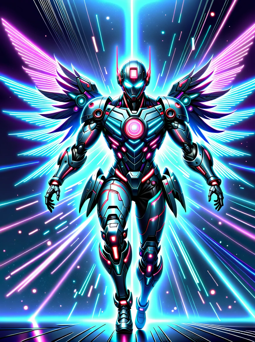  (three dimensional，Mechanical feel，Lovely，boys，Mechanical dolls, Pinocchio: 1.3), Colorful neon lights, High-tech mechanical parts, Metal body, Detailed vibranium flower design, bright colors, Dynamic glowing flowers, Reflective metal surface, Bright environment, dynamic poses, Exquisite existence, Skill improvement, Interlocking mechanical gears, Stylish design, motion blur effect, Metalworking details, Sci-fi atmosphere, Streamlined aerodynamic shape, Laser scanning pattern, Holographic projection, LED light track, beautiful and unforgettable, Advanced sensors, complex algorithm, Ominous and mysterious atmosphere, electric spark, Shiny chrome plating, Propulsion systems of the future, Beijing_Gundam, (best quality, 8K, High resolution, masterpiece: 1.2), super detailed, (whole body:1.8)