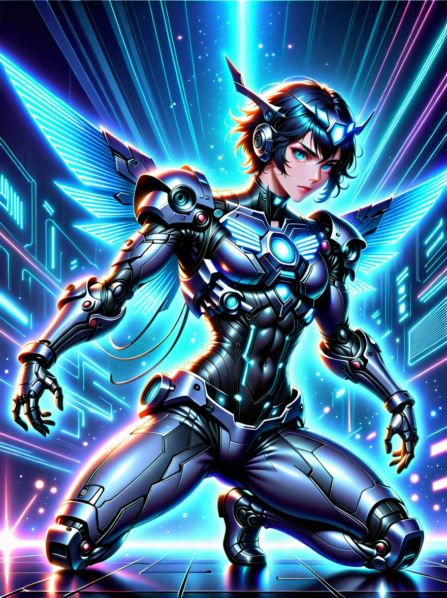(three dimensional,Mechanical feel,Lovely,boys,Mechanical dolls, Pinocchio: 1.3), Colorful neon lights, High-tech mechanical parts, Metal body, Detailed vibranium flower design, bright colors, Dynamic glowing flowers, Reflective metal surface, Bright environment, dynamic poses, Exquisite existence, Skill improvement, Interlocking mechanical gears, Stylish design, motion blur effect, Metalworking details, Sci-fi atmosphere, Streamlined aerodynamic shape, Laser scanning pattern, Holographic projection, LED light track, beautiful and unforgettable, Advanced sensors, complex algorithm, Ominous and mysterious atmosphere, electric spark, Shiny chrome plating, Propulsion systems of the future, Beijing_Gundam, (best quality, 8K, High resolution, masterpiece: 1.2), super detailed, (whole body:1.8)