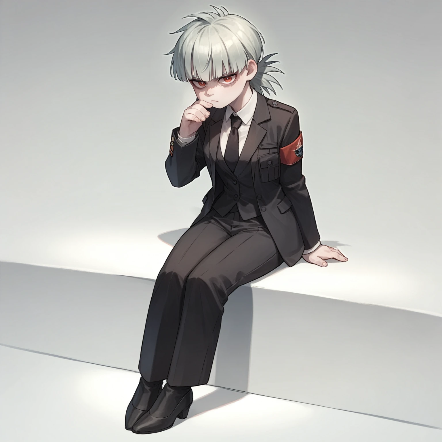 score_9, score_8_up, score_7_up, source_fumo, fumo, fumo, fumo doll, solo, 1girl, hellsing, formal, suit, black jacket, black necktie, long sleeves, black pants, fumo \(doll\), chibi, sitting, fumo