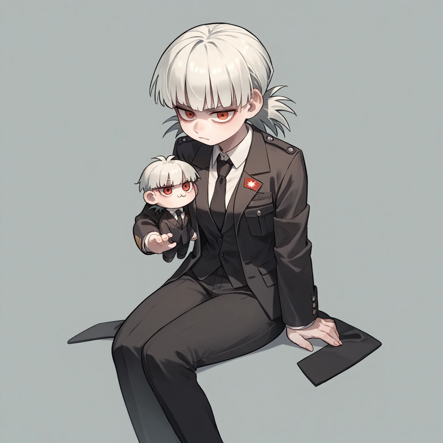 score_9, score_8_up, score_7_up, source_fumo, fumo, fumo, fumo doll, solo, 1girl, hellsing, formal, suit, black jacket, black necktie, long sleeves, black pants, fumo \(doll\), chibi, sitting, fumo