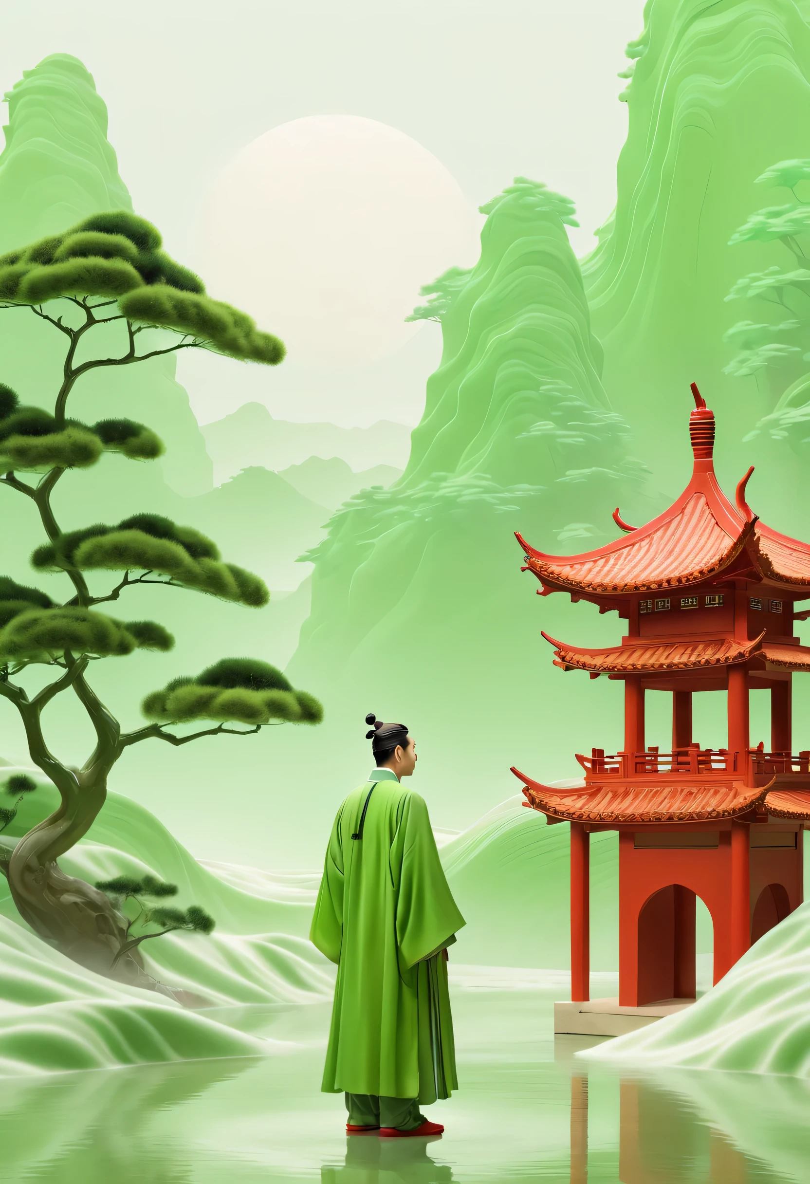 A man wearing Hanfu stands next to a red man-made building,Picturesque, Song Dynasty Gongbi landscape painting, Rendering in cinema4d, organic flowing form, lunar surface, light greens and whites, Mediterranean landscape.corrugated resin sheet