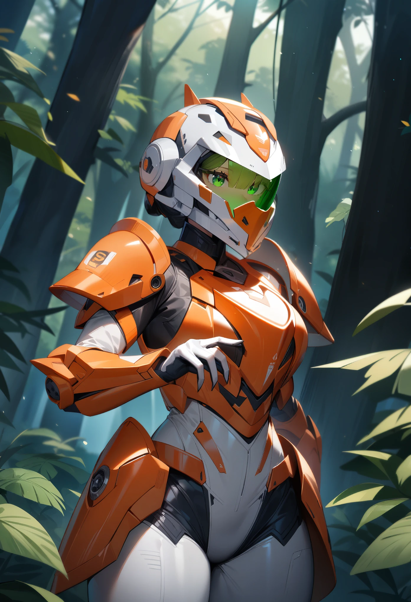 1girl,solo,Sala,original,full face helmet,face visible through helmet ,green eyes,white body suit,orange heavy armor,cowboy shot,dark forest,jungle,touch tree,Science fiction,ultra-detailed,sharp focus,aesthetic,(best quality)