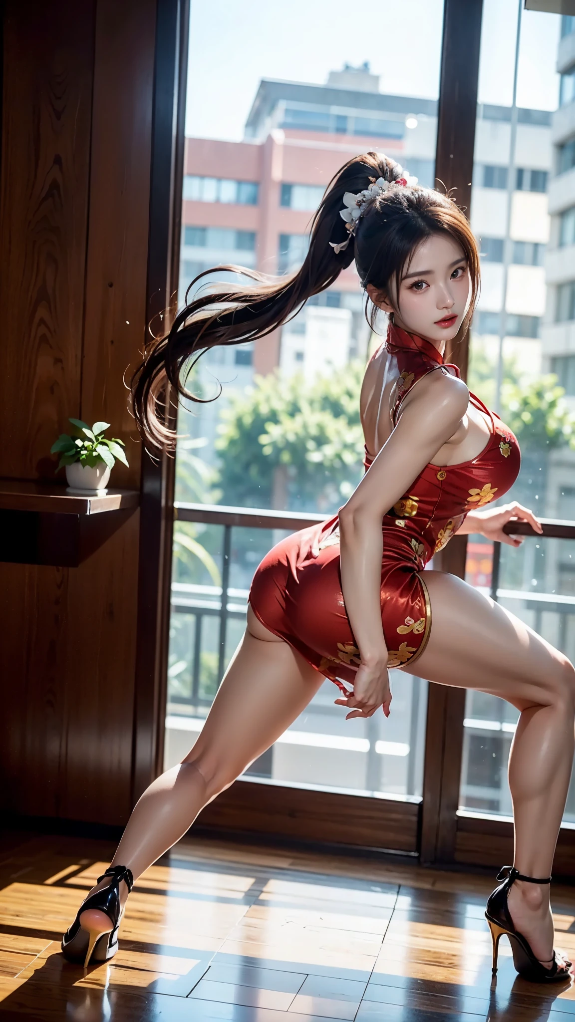 whole body,full body,dynamic poses,Combat Action,Finger details:1.5,foot details:1.5,Impactful graphics,Impactful graphics,A dynamic and dynamic female character,It's really eye-catching。She wears a red cheongsam,With a high ponytail,It gives a professional and confident feeling。Her movements also appear very natural and smooth,As if ready to go into battle at any time。The men and spectators in the background add to the overall liveliness and realism.。Such a design,Whether it’s anime or games,can attract people's attention,People can’t help but want to know more about this fighting woman’s story,Finger details:1.5,foot details:1.5,