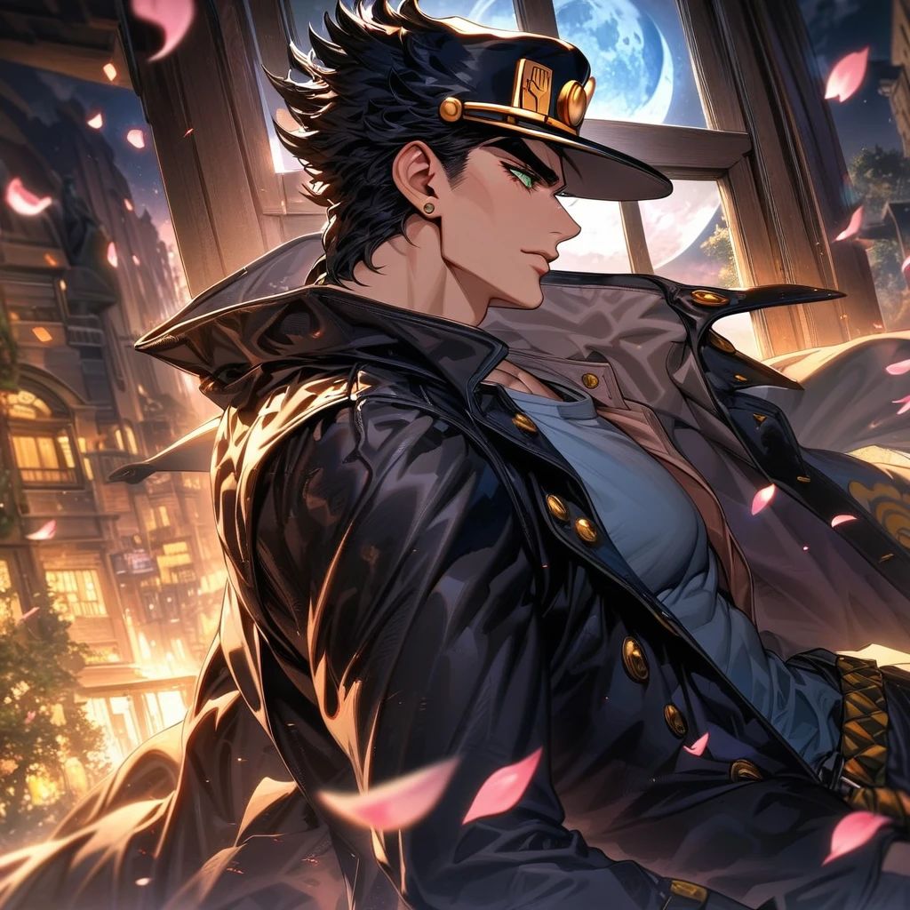 (absurdres, highres, ultra detailed, HDR), master piece, best quality, vibrant green eyes, Jotaro Kujo, black hat, black hair, 1man, handsome, Jojo bizarre adventure, black leather coat, moon, petals, window