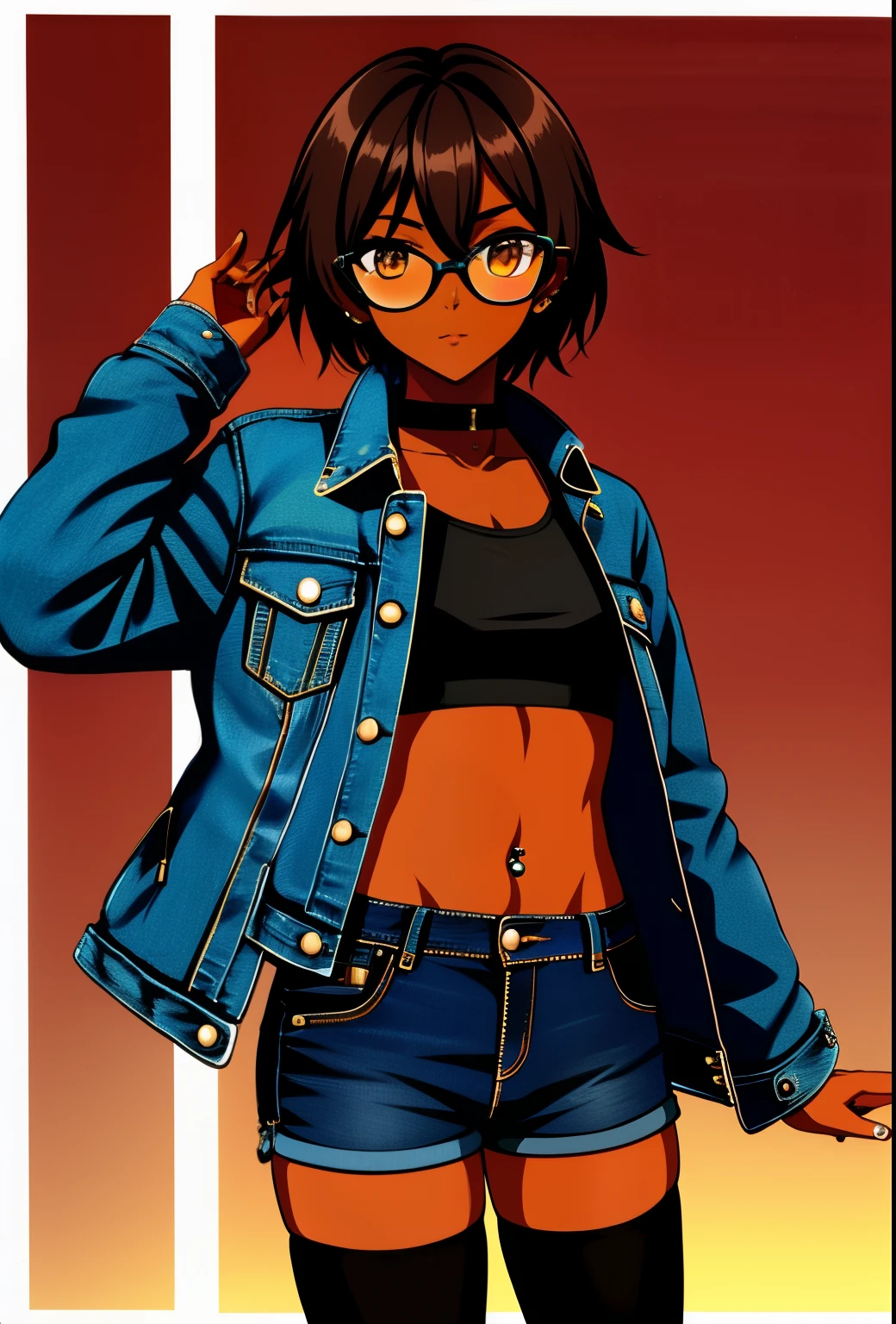 high quality, extremely detailed, perfect face, 1girl, solo, tomboy, midriff, thighhighs, (dark skin),  choker, (blue jacket), sunglasses on forehead, ahoge, piercings, toned, short brown hair