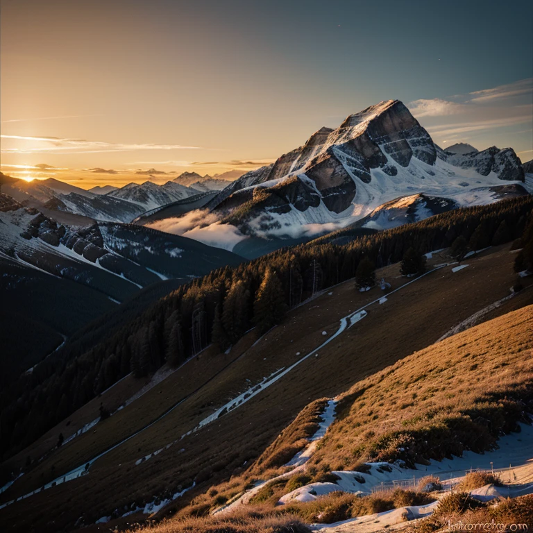 a 8 by 72 landscape art of a mountain as a subject with flickering lights at a sun set