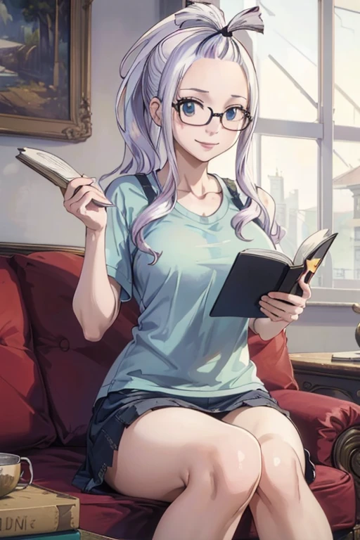 (best quality,4k,8k,highres,masterpiece:1.2),ultra-detailed,realistic,photorealistic:1.37, Mirajane Strauss with a beautiful smile sitting on the sofa wearing glasses and a blue t-shirt, with loose bangs and a ponytail, reading a book 