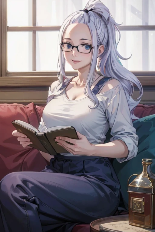 (best quality,4k,8k,highres,masterpiece:1.2),ultra-detailed,realistic,photorealistic:1.37, Mirajane Strauss with a beautiful smile sitting on the sofa wearing glasses and a blue t-shirt, with loose bangs and a ponytail, reading a book 