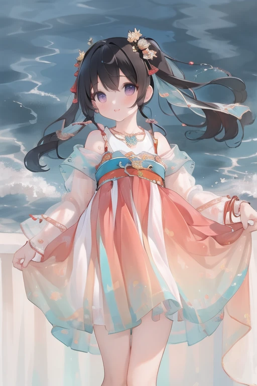 (masterpiece, best quality, ultra high resolution), 1 girl,Yaoyao,skirt,ruqun,hair accessories,necklace, bracelet, （flat chest), permanent, above thigh, Tang dynasty hairstyle