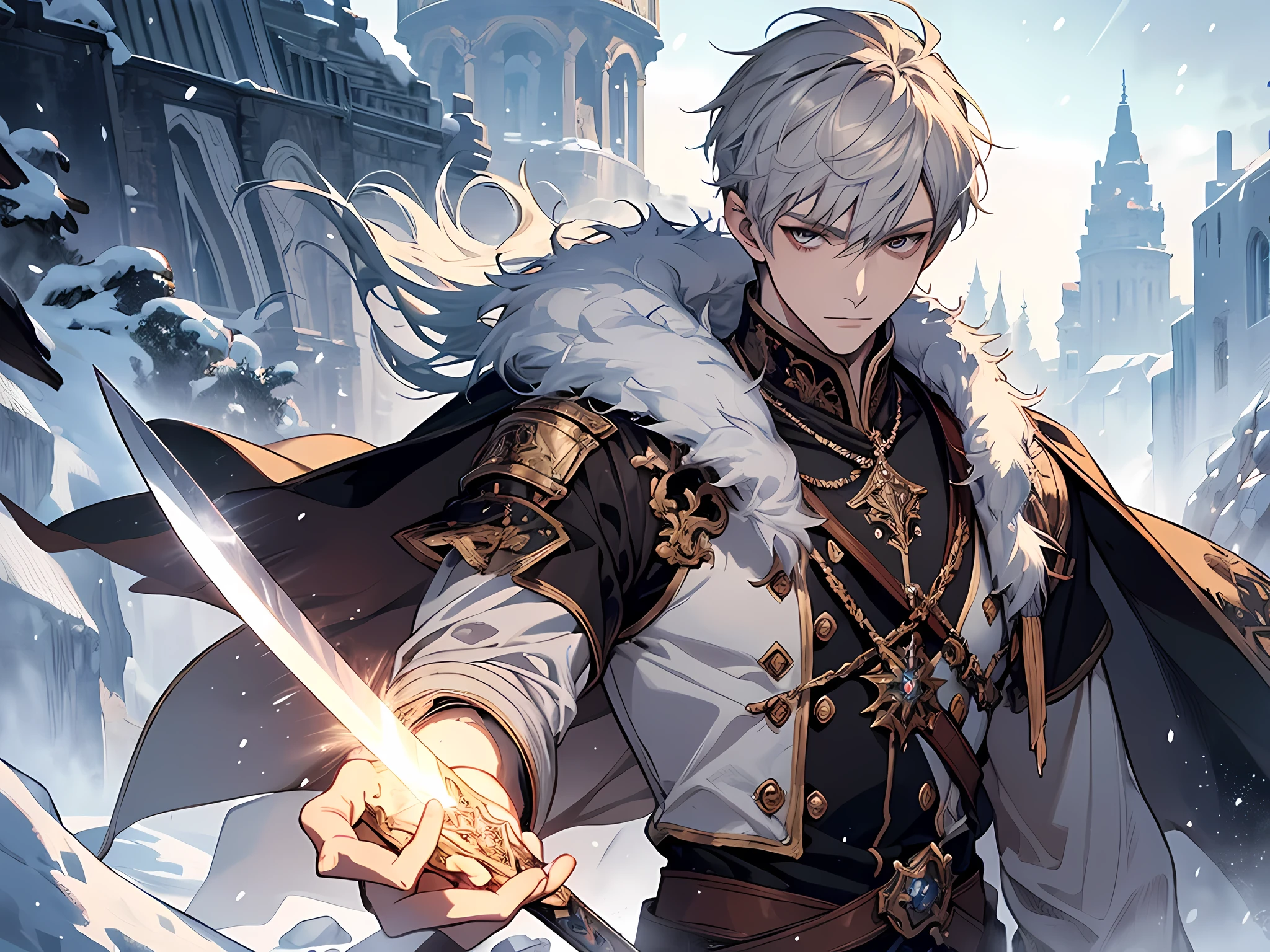 (1boy), rpg game character artwork, Akihiko yoshida + krenz cushart, final fantasy, brown short messy hair, wearing a fantasy regal attire, cape, sword master, facing the camera, with Icy sword in his hand, cyro sword master, pile of ice around him, snow, aggresive sword fighting style, snow mountain, intricate character, design with ornate details, fantasy-realism, expressive face and body language, Delicate linework and shading techniques, elegance sophistication character portrayal --ar 16:9 --style expressive, face to detail, detailed eyes, eyes finely detailed, beautiful eyes, half-body