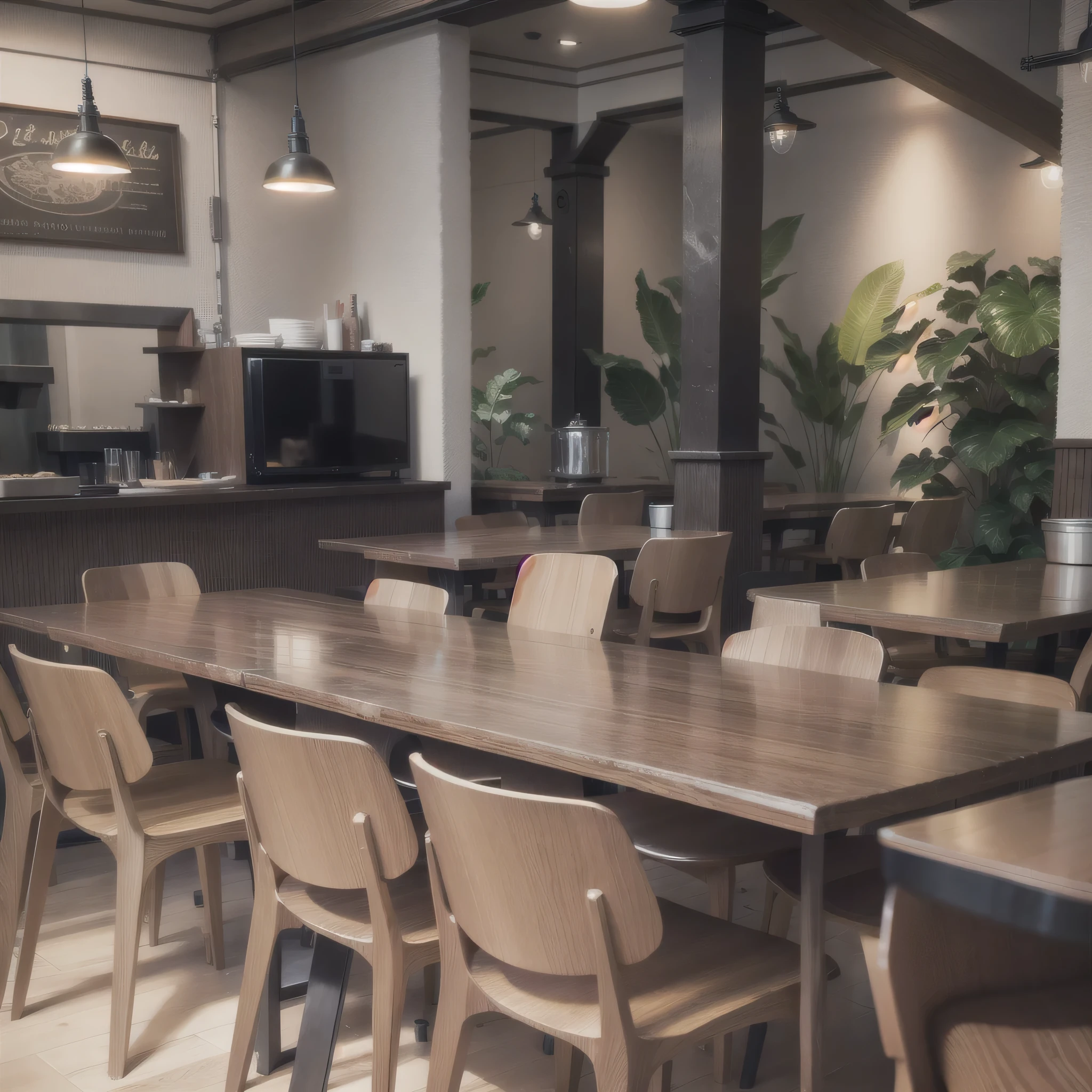 il y a un rendu d'un restaurant avec une longue table et des chaises, Detailed renderinging, rendu 2D, Detailed renderingings, rendu 3d pc, rendus 3D, Detailed rendering, digital rendering, Rendu 3D, rendu 3D, pre-rendered, detailed 3D rendering, detailed 3D rendering, fully Detailed rendering, very detailed rendering, Rendu CG