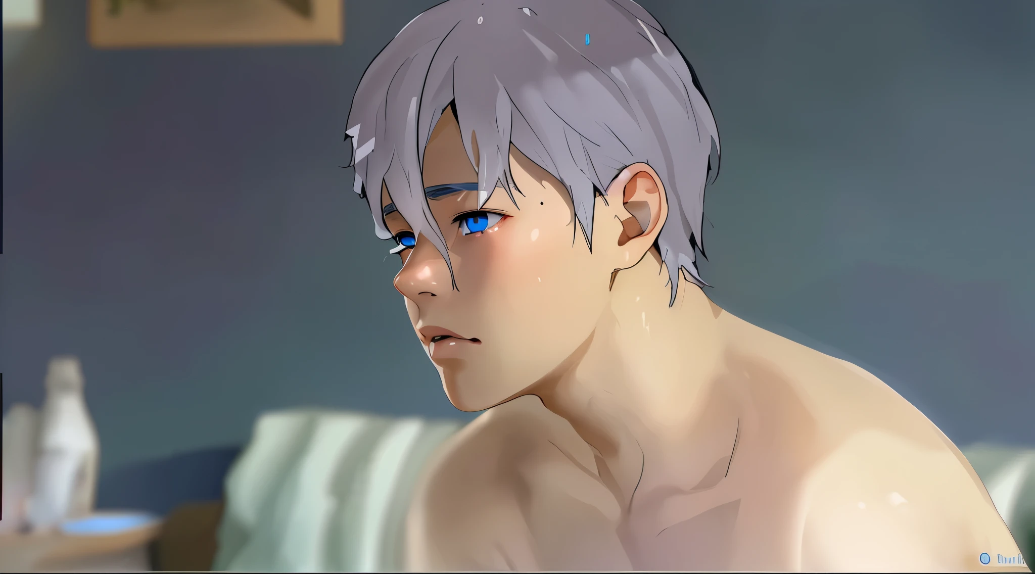 cute 15 year old just woke up has blue eyes gray hair