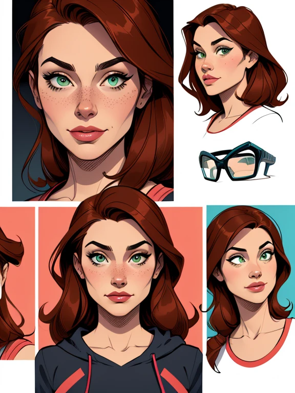 Turnaround sheet Imagem de desenho animado de uma mulher .cartoon style illustration, estilo de arte dos desenhos animados, estilo de arte dos desenhos animados, digital illustration style, design de personagens altamente detalhado, arte digital detalhada fofa, City fan art, Design de personagens de retrato, beautiful digital illustration, retrato de alta qualidade, Arte em quadrinhos, mulher jovem. Green eyes Average buso and wonderful Mary Jane and Peter Parker 