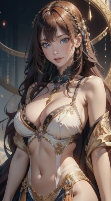 from below,gypsy dance,1 girl,(highly detailed skin),crooked,,beautiful胸,big breasts,pale skin,pointed chest,erect nipples,(fantasy art,best image quality,surrealist portrait,(8K),Super realistic,最high quality, high quality, High resolution, high quality texture,high detail,beautiful,Detailed,Very detailed CG,Detailedテクスチャー,realistic expression of face,masterpiece,sense of presence,dynamic,bold),(thin hair),(Soft bristles),(straight hair:1.5),long flowing bangs,extra light coppery amber hair,hair above one eye