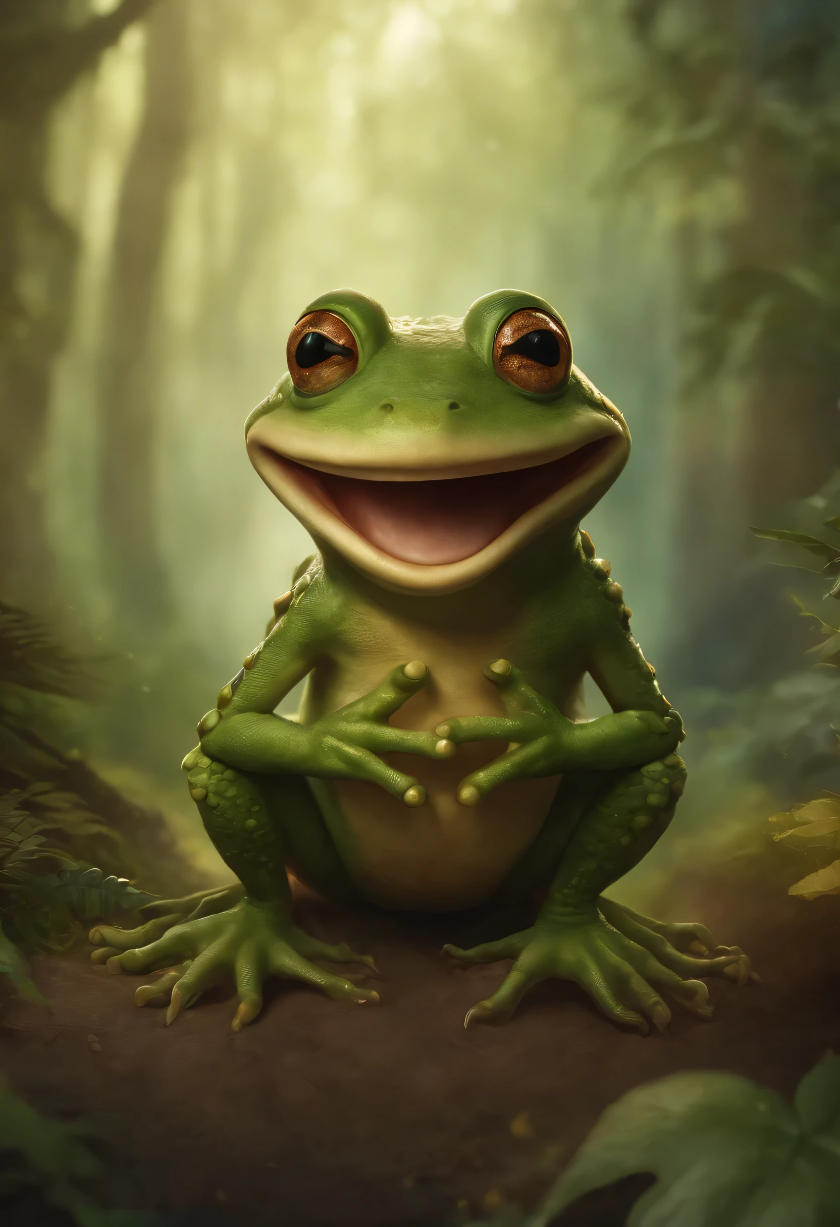 Close-up of a cartoon character with a big smile, Concept art by Andrew Ferez, behavioral contest winner, pop surrealism, Award-winning creature portraits, Frog, Full color illustration, anthropomorphic creature, Humanoid frog monster, fire, epic Full color illustration, Complete artistic illustration, Frog creatures, Detailed bio, Beautiful bio poster art