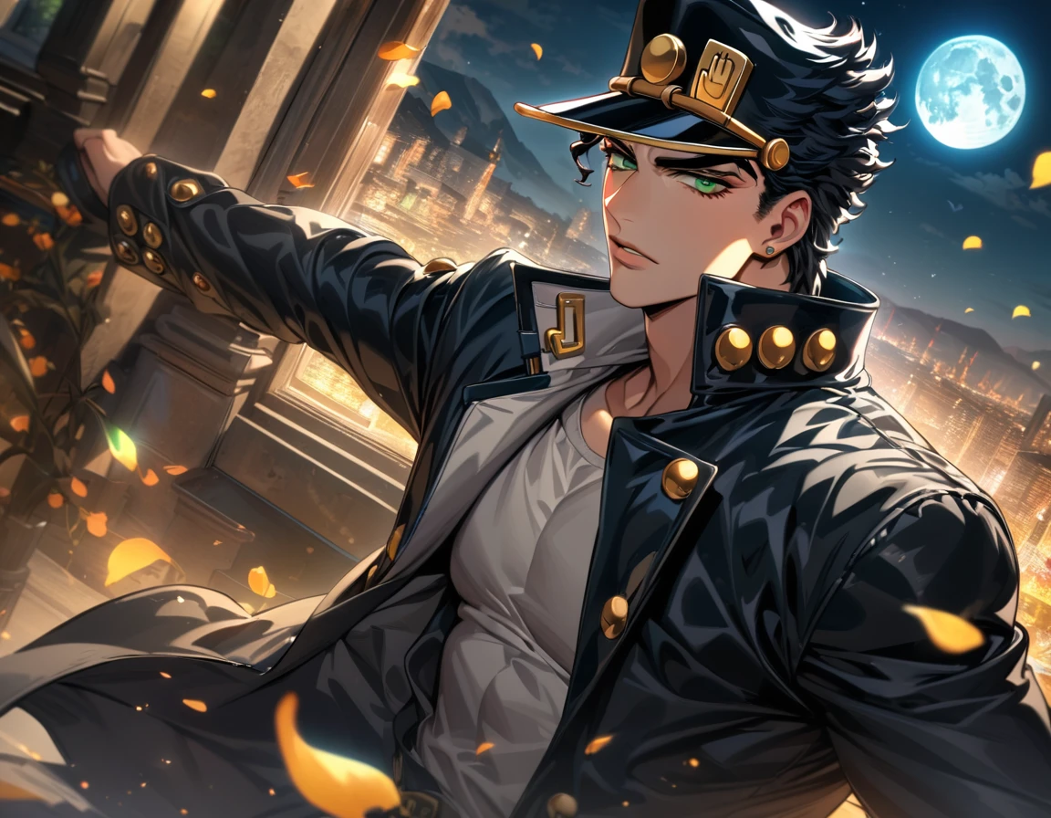 (absurdres, highres, ultra detailed, HDR), master piece, best quality, vibrant green eyes, Jotaro Kujo, black hat, black hair, 1man, handsome, Jojo bizarre adventure, black leather coat, moon, petals, window