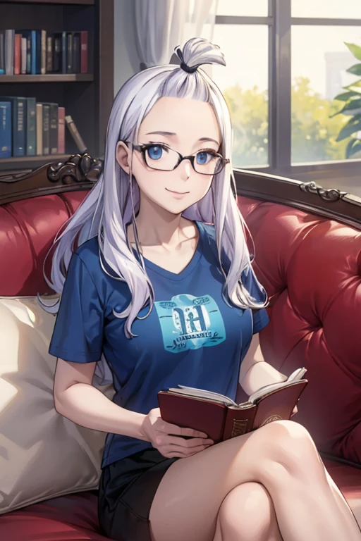 (best quality,4k,8k,highres,masterpiece:1.2),ultra-detailed,realistic,photorealistic:1.37, Mirajane Strauss with a beautiful smile sitting on the sofa wearing glasses and a blue t-shirt, with loose bangs and a ponytail, reading a book 