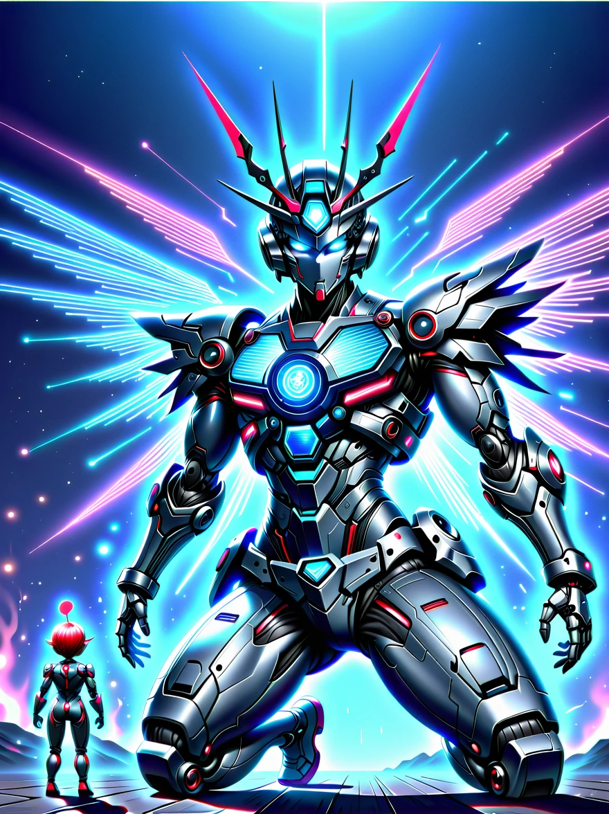 (three dimensional,Mechanical feel,Lovely,boys,Mechanical dolls, Pinocchio: 1.3), Colorful neon lights, High-tech mechanical parts, Metal body, Detailed vibranium flower design, bright colors, Dynamic glowing flowers, Reflective metal surface, Bright environment, dynamic poses, Exquisite existence, Skill improvement, Interlocking mechanical gears, Stylish design, motion blur effect, Metalworking details, Sci-fi atmosphere, Streamlined aerodynamic shape, Laser scanning pattern, Holographic projection, LED light track, beautiful and unforgettable, Advanced sensors, complex algorithm, Ominous and mysterious atmosphere, electric spark, Shiny chrome plating, Propulsion systems of the future, Beijing_Gundam, (best quality, 8K, High resolution, masterpiece: 1.2), super detailed, (whole body:1.8)