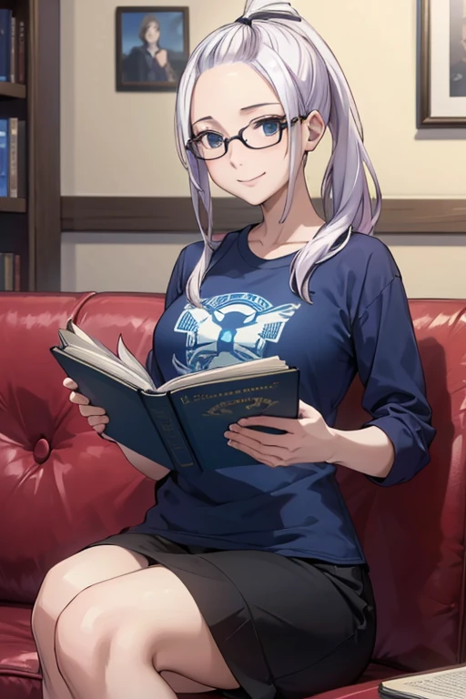 (best quality,4k,8k,highres,masterpiece:1.2),ultra-detailed,realistic,photorealistic:1.37, Mirajane Strauss with a beautiful smile sitting on the sofa wearing glasses and a blue t-shirt, with loose bangs and a ponytail, reading a book