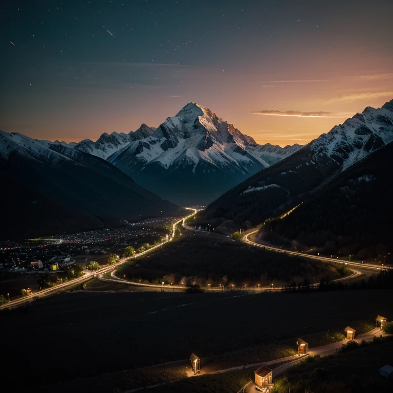 a 8 by 72 landscape art of a mountain as a subject with flickering lights, like lantern and bulbs randomly distributed. Nearly night when the sunsets. It must focus on the mountain and lights