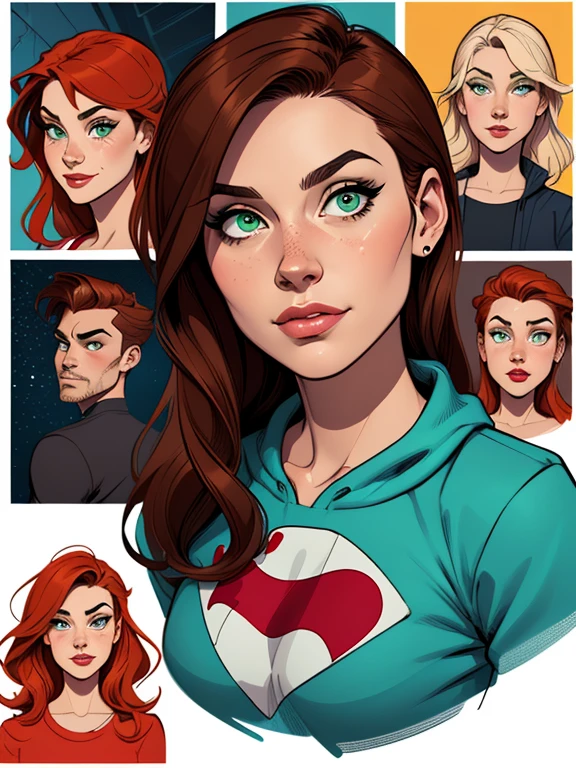 Turnaround sheet Imagem de desenho animado de uma mulher .cartoon style illustration, estilo de arte dos desenhos animados, estilo de arte dos desenhos animados, digital illustration style, design de personagens altamente detalhado, arte digital detalhada fofa, City fan art, Design de personagens de retrato, beautiful digital illustration, retrato de alta qualidade, Arte em quadrinhos, mulher jovem. Green eyes Average buso and wonderful Mary Jane and Peter Parker