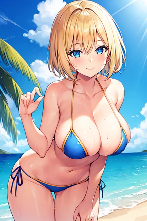 1girl, blonde hair, very short hair, large breasts, breasts, smile, blue eyes, orange bikini, bikini, beach, wet, light smile, cute,mature female, tall female, tall