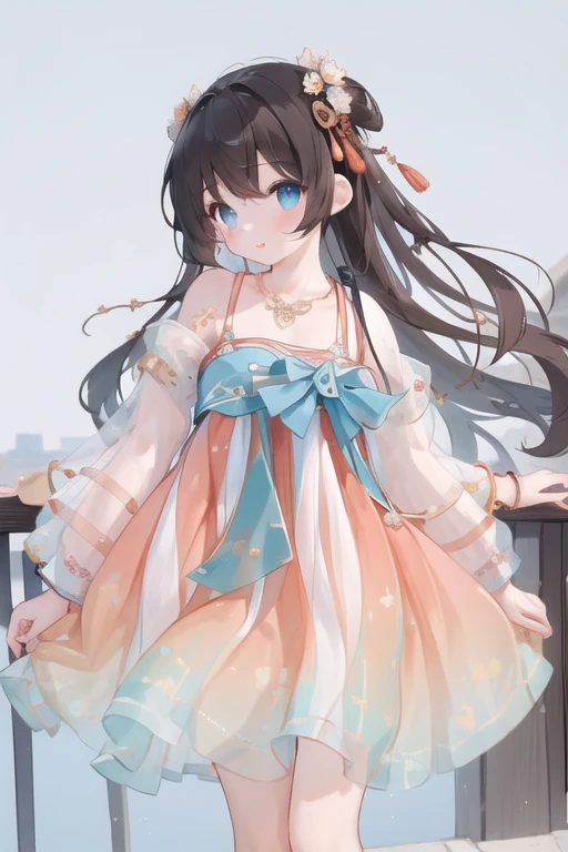 (masterpiece, best quality, ultra high resolution), 1 girl,Yaoyao,skirt,ruqun,hair accessories,necklace, bracelet, (flat chest), permanent, above thigh, Tang dynasty hairstyle