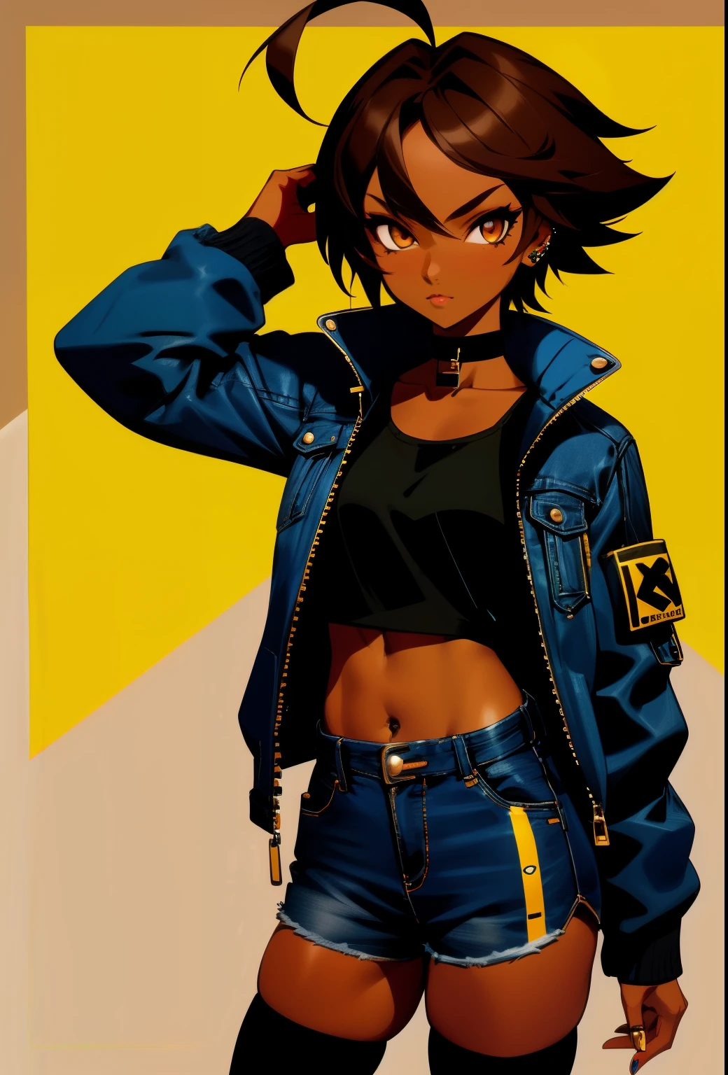 high quality, extremely detailed, perfect face, 1girl, solo, tomboy, midriff, thighhighs, (dark skin),  choker, (blue jacket), sunglasses on forehead, ahoge, piercings, toned, short brown hair