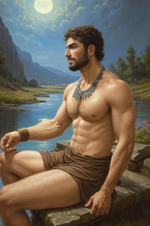 close up of 1 man, attractive, of tunisian descent, barbarian sitting by a river, a moonlit night, beautiful face, beautiful sky, (oil painting), classical art:0.4, detailed, intricate, (fantasy art), muted color:0.25, best quality, good anatomy, good composition, good proportions, good design, dynamic pose, good pose, realistic sky, realistic backgrounds, (cinematic), (highest quality, award winning, masterpiece:1.3), (art by Arthur Rackham:0.5), (((natural colors))), (photorealistic:1.4), ((empty hands, holding nothing)),