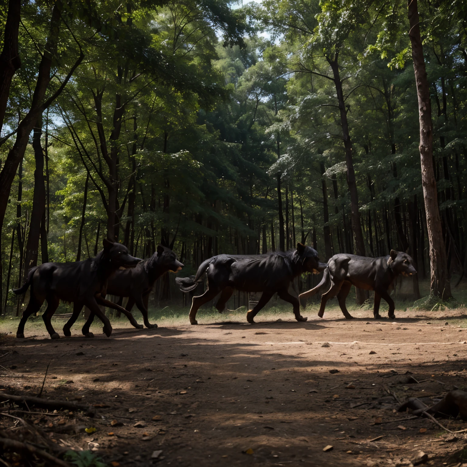 India next to black wolves with forest landscape