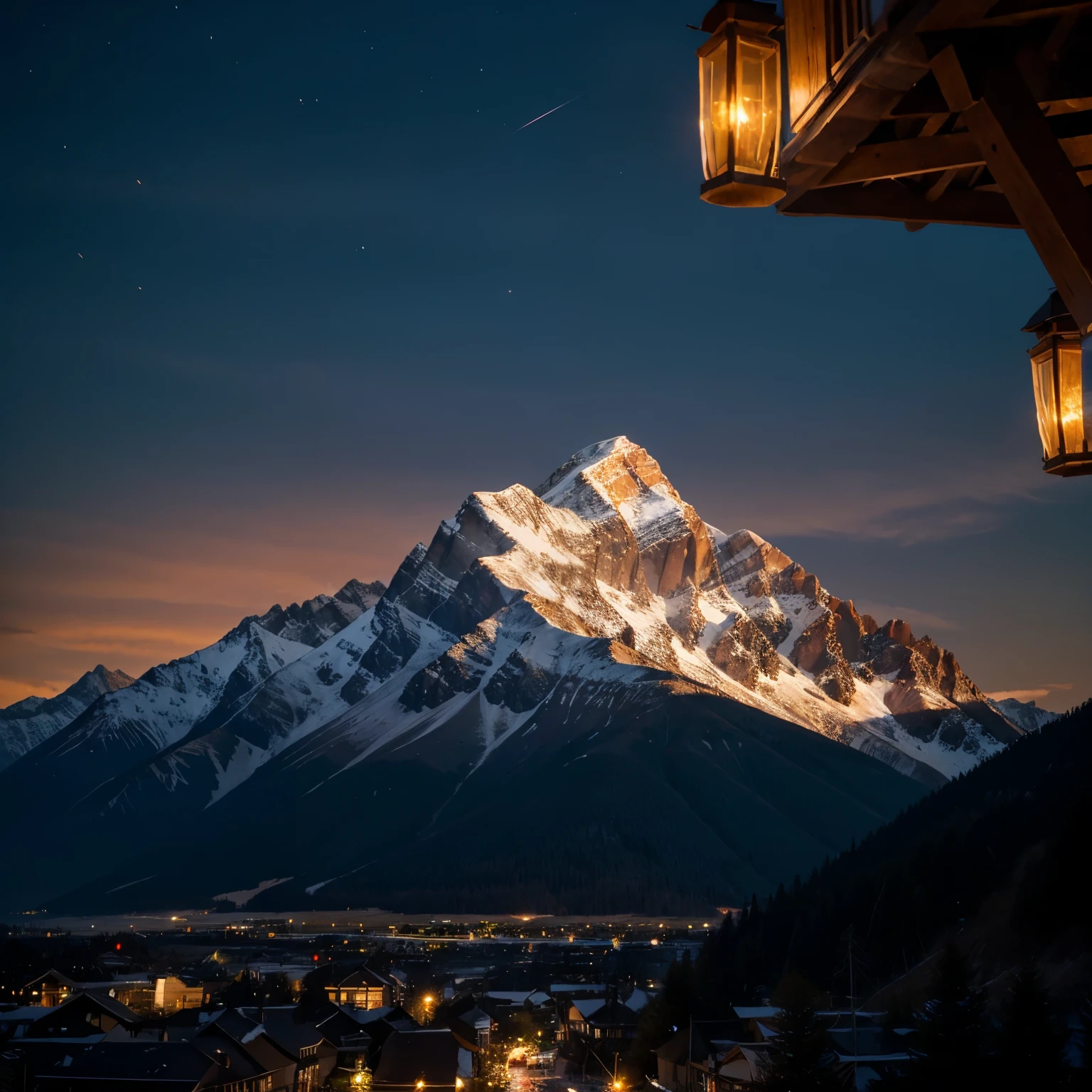 a 8 by 72 landscape art of a mountain as a subject with flickering lights, like lantern and bulbs randomly distributed. Nearly night when the sunsets. It must focus on the mountain and lights