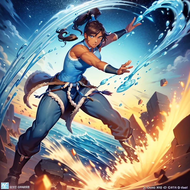 korra, dark skin, dark-skinned female, ponytail, muscular female, high quality, detailed, high resolution, masterpiece, anatomically correct, earth, wind, fire, water. 