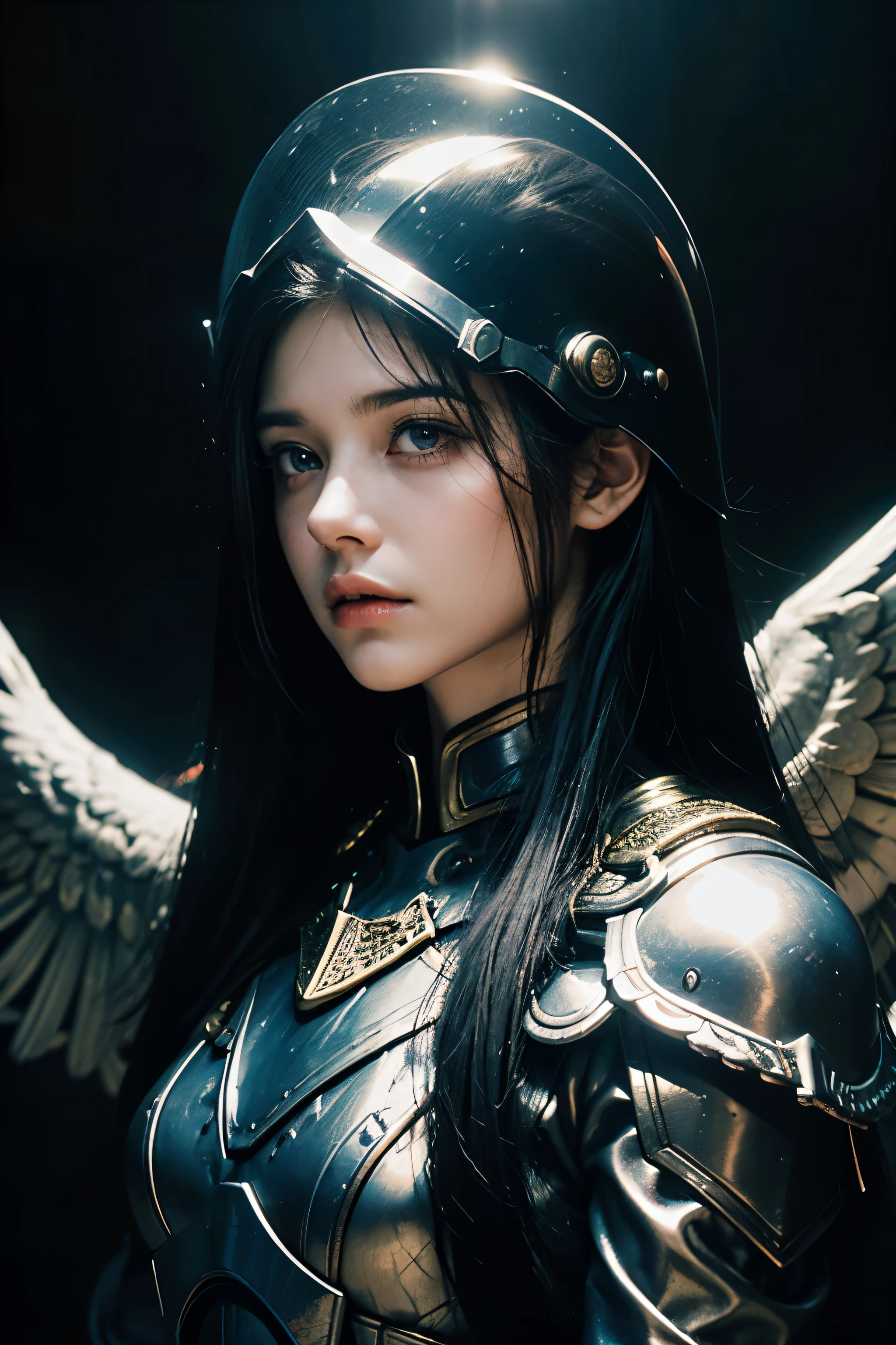 chariot_of_fire_falling_angels_black_wings_dramatic_lights_realistic_valkyrie_profile_helmet_rachel goswell 90's face_blood on face_extremely_detailed_Diffused light _ cloud dark background_ hair_straight hair_black hair