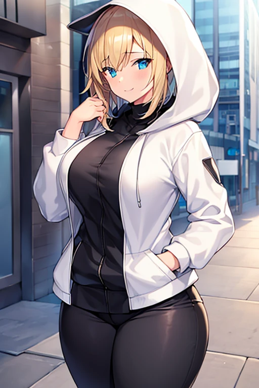 1girl, hood, jacket, hooded jacket, hood on, hood up, blonde hair, large breasts, breasts, wide hips, thick thighs, hourglass figure, white jacket, black shirt, shirt, very short hair, pants, black pants, smile, toned, toned female, urban, mature female, tall, tall female, arm down, hands down, arms down, hand down, cropped jacket, short jacket