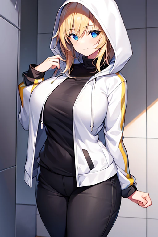 1girl, hood, jacket, hooded jacket, hood on, hood up, blonde hair, large breasts, breasts, wide hips, thick thighs, hourglass figure, white jacket, black shirt, shirt, very short hair, pants, black pants, smile, toned, toned female, urban, mature female, tall, tall female, arm down, hands down, arms down, hand down, cropped jacket, short jacket