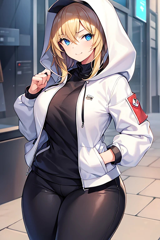 1girl, hood, jacket, hooded jacket, hood on, hood up, blonde hair, large breasts, breasts, wide hips, thick thighs, hourglass figure, white jacket, black shirt, shirt, very short hair, pants, black pants, smile, toned, toned female, urban, mature female, tall, tall female, arm down, hands down, arms down, hand down, cropped jacket, short jacket