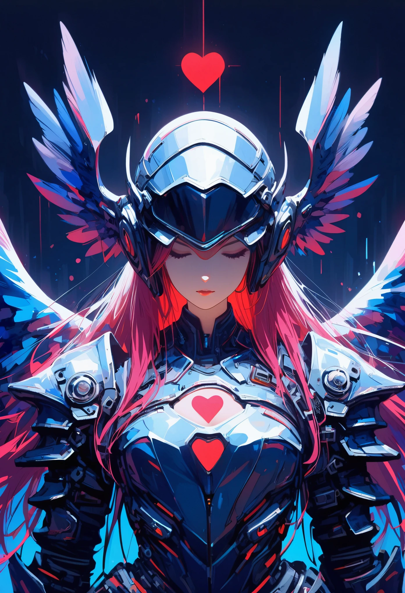 masterpiece, best quality,Upper body, 1 girl, wing, (red heart:1.2), Red triangle LED light, Mechanical Parts, in a (bioluminescence) ocean, (Biofluorescence), energetic, rich and colorful, color, (glowing, glow), (beautiful composition, coherent), perfect composition, perfect lighting, movie lighting, complex, (Symmetrical:0.65), whimsical,
