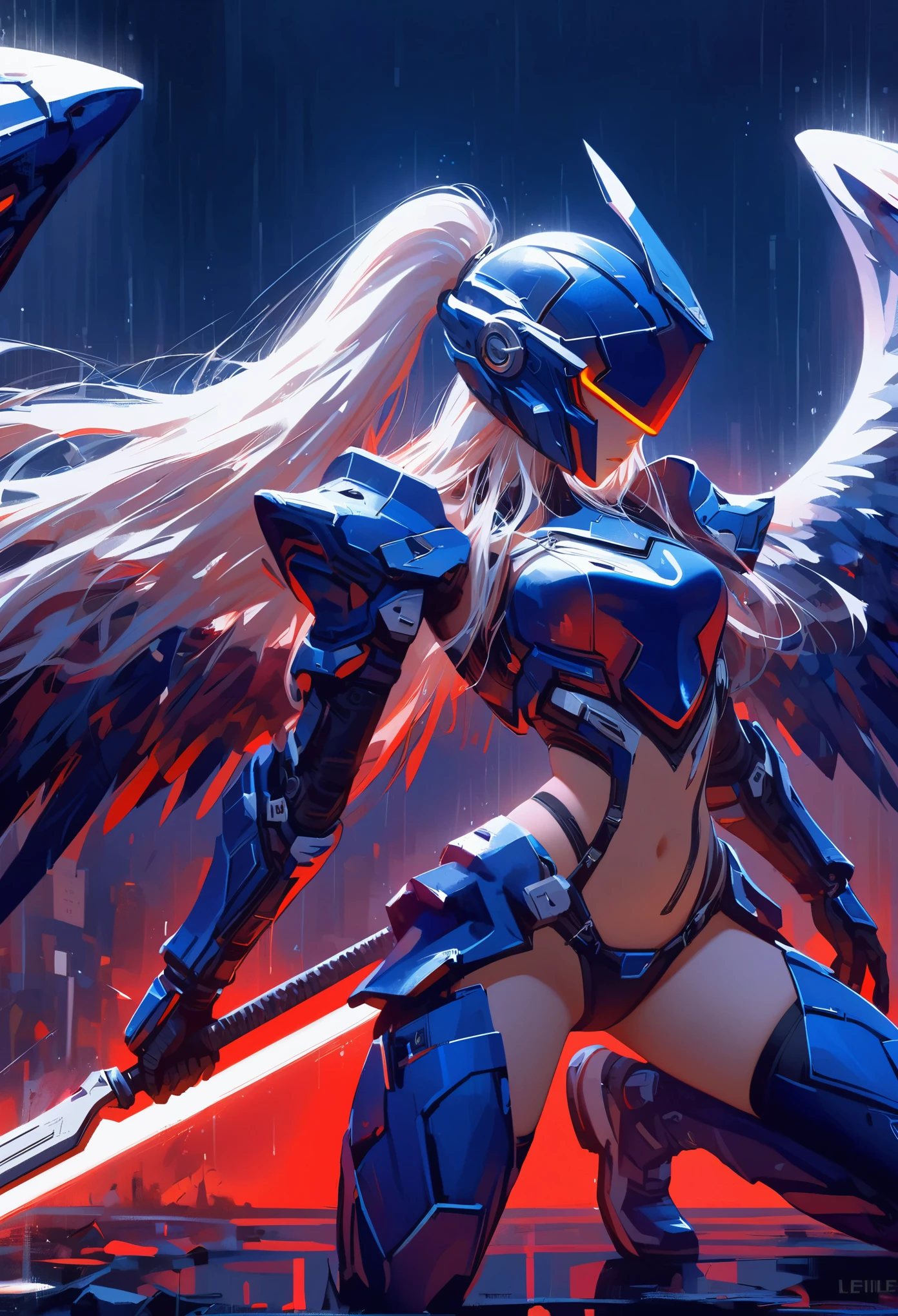 And me, Silver-white long hair ponytail reaching waist, V-shaped mechanical helmet, Helmet eyes with red light, Wearing a black sexy mecha suit, The red tattered cloak swayed in the wind, White luminous six-wing mechanical wing, A broad sword with yellow and red light effects, night, rain, Cyberspace destroyed in the apocalypse, lifelike, Best image quality, Highest clarity and sharpness, The original, Surrealism, high detail, Futurism, Action drawing, chiaroscuro, movie lighting, Ray tracing, reflected light, Cowboy shooting, close up, Fighting posture diagram, layered, soft light,