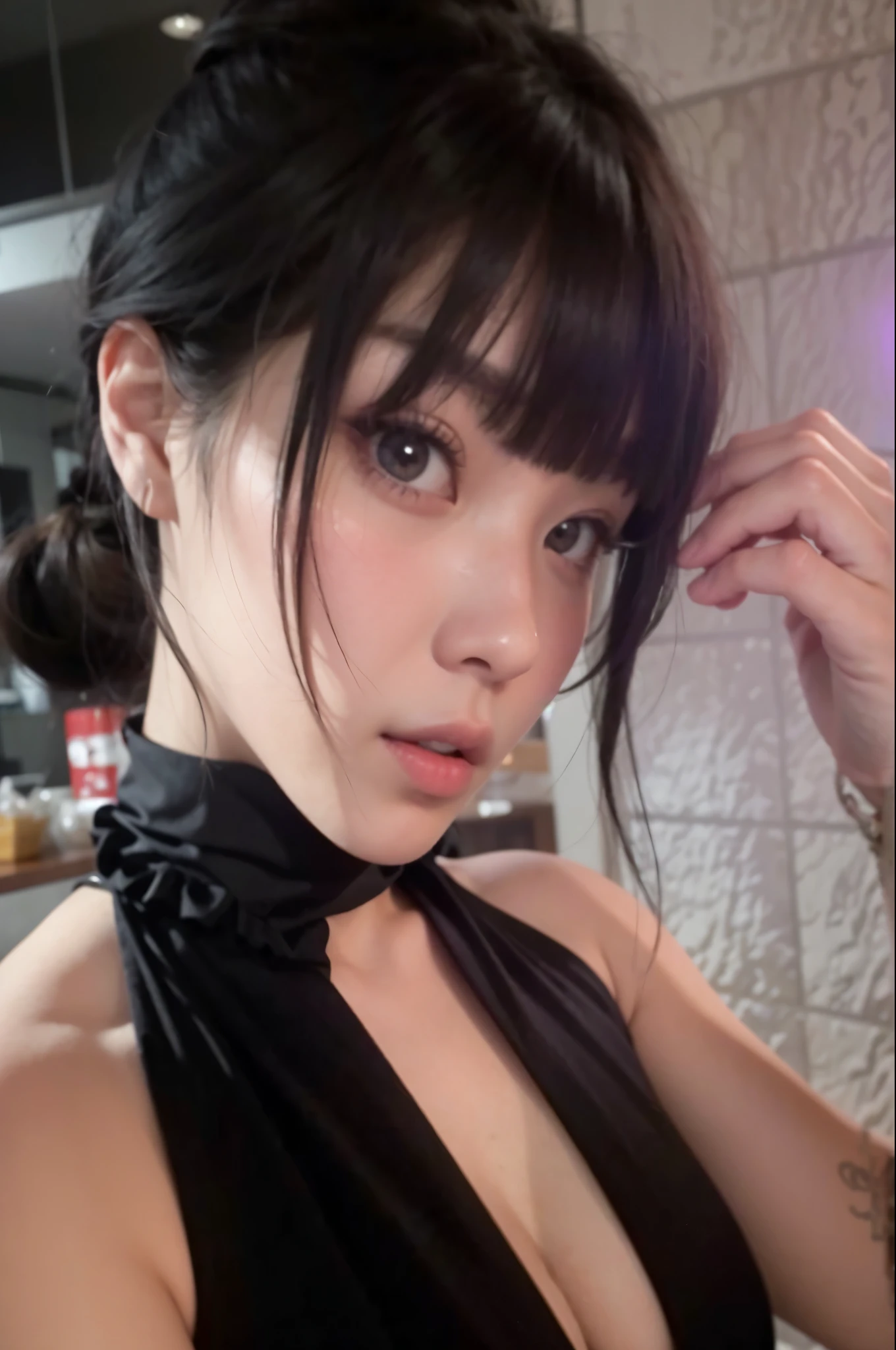 un primer plano de una mujer con un vestido negro posando para una foto, Yoshitomo Nara, hermosa cara de chicas japonesas, ella tiene el pelo negro con flequillo, chiho, diosa japonesa, shikami, sui ishida con cabello negro, sakimichan, 1 8 son, anime chica tailandesa, sakimi-chan, japanese model