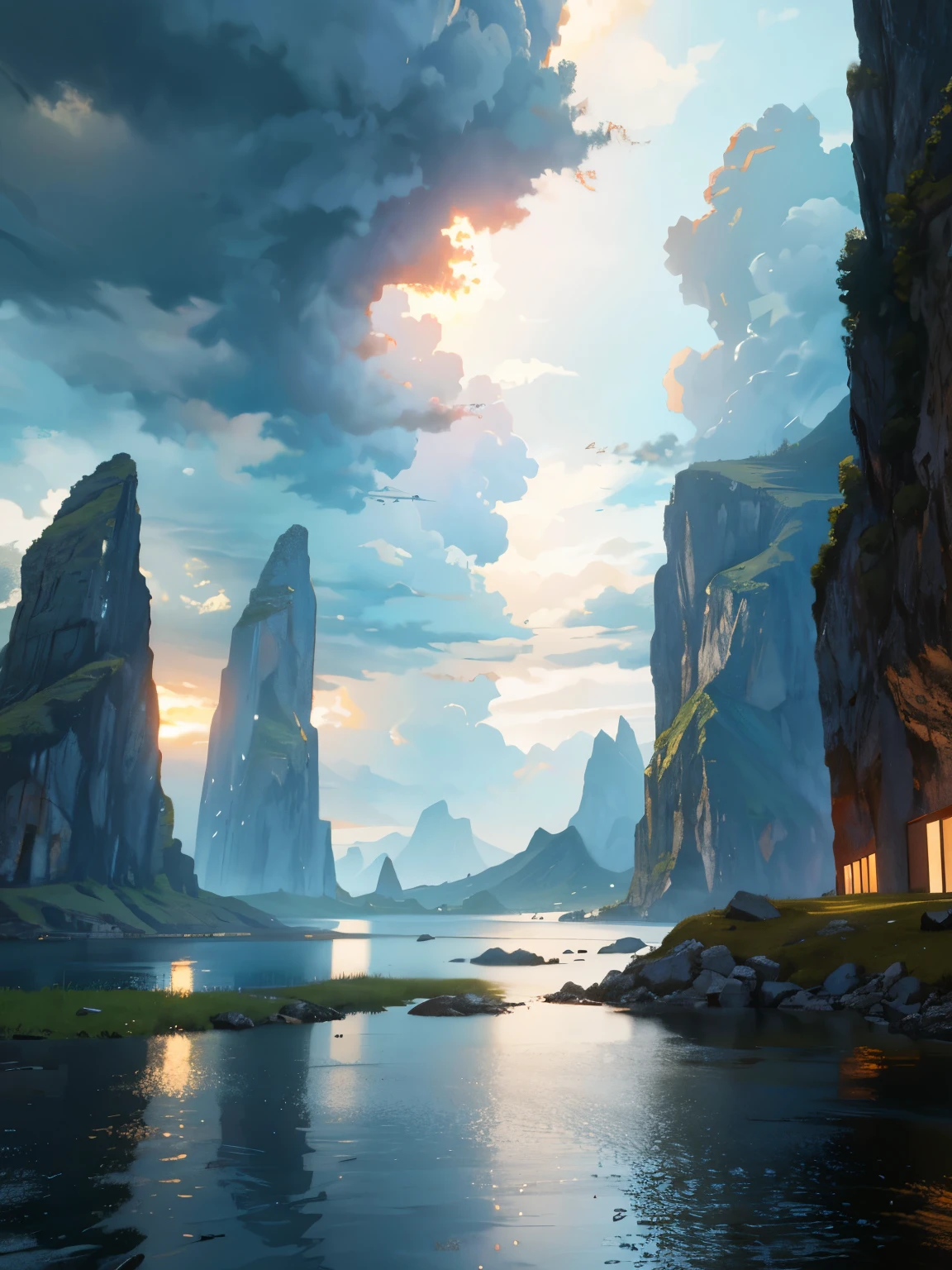 no humans, scenery, vanishing point, from below, masterpiece, best quality, 8k, absurdres, water surface, summer, evening storms, perspective, depth of field, highres, finely detail, ultra-detailed, sharp focus