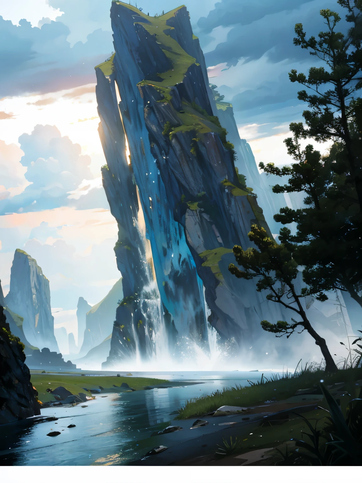 no humans, scenery, vanishing point, from below, masterpiece, best quality, 8k, absurdres, water surface, summer, evening storms, perspective, depth of field, highres, finely detail, ultra-detailed, sharp focus