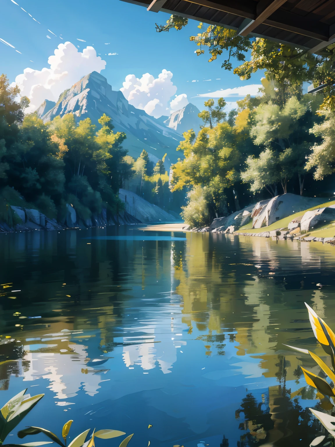 no humans, scenery, vanishing point, from below, masterpiece, best quality, 8k, absurdres, water surface, summer, evening sunlight, perspective, depth of field, highres, finely detail, ultra-detailed, sharp focus