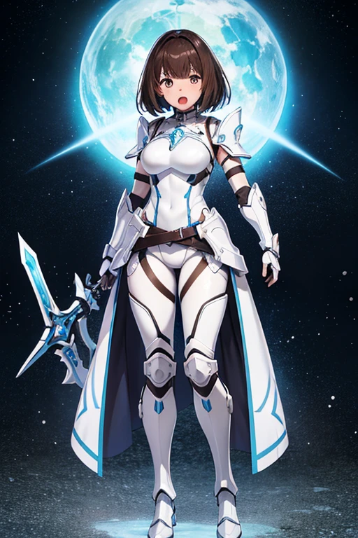 anime picture、Full body portrait、Futuristic science fiction white armor、A 34-year-old dark-skinned woman, about 160cm tall.、have a sword、screaming with open mouth、medium brown hair、Breastplate、gloves、arm guard、Leggers、shoulder armor、boots