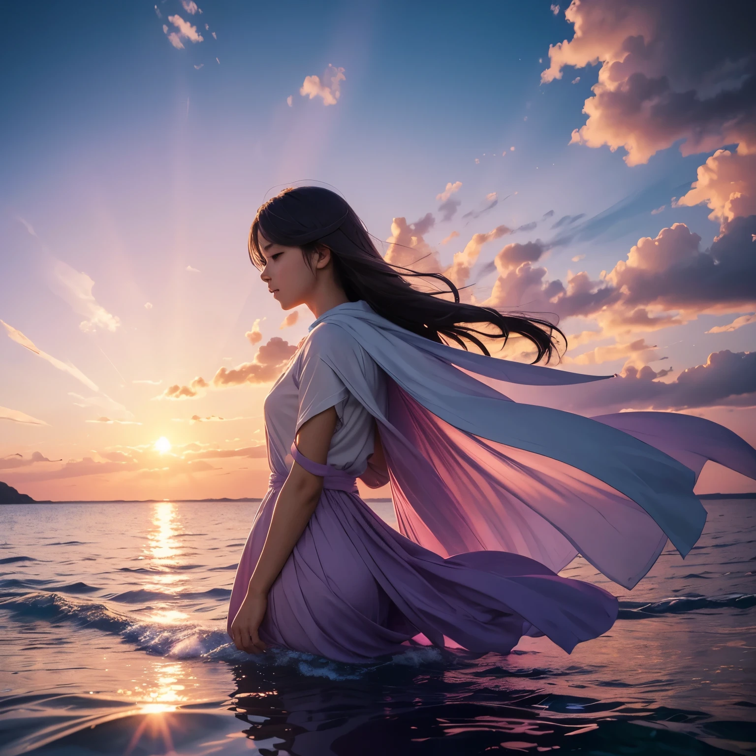 Official art, Uniform 8K wallpaper, Very detailed,  Masterpiece, Best image quality，Ultra wide angle，evening，man ，Comes out of a book ，Water is like a mirror，Reflecting the sky。look at the sky，(Colorful sunset)，Dynamic angle, beauty, bright colors,Subtle reflections on the water，Sparkling waves，Soft golden light，The gentle breeze caresses his hair，Flying papers，Subtle pink and purple tones in the sky，Dreamy and ethereal atmosphere，Lens flare adds a touch of magic