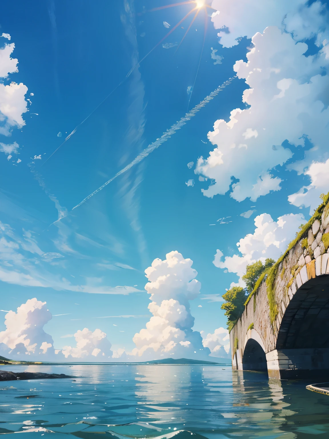 no humans, scenery, vanishing point, from below, masterpiece, best quality, 8k, absurdres, water surface, summer, noon, sunlight, blue sky, perspective, depth of field, highres, finely detail, ultra-detailed, sharp focus