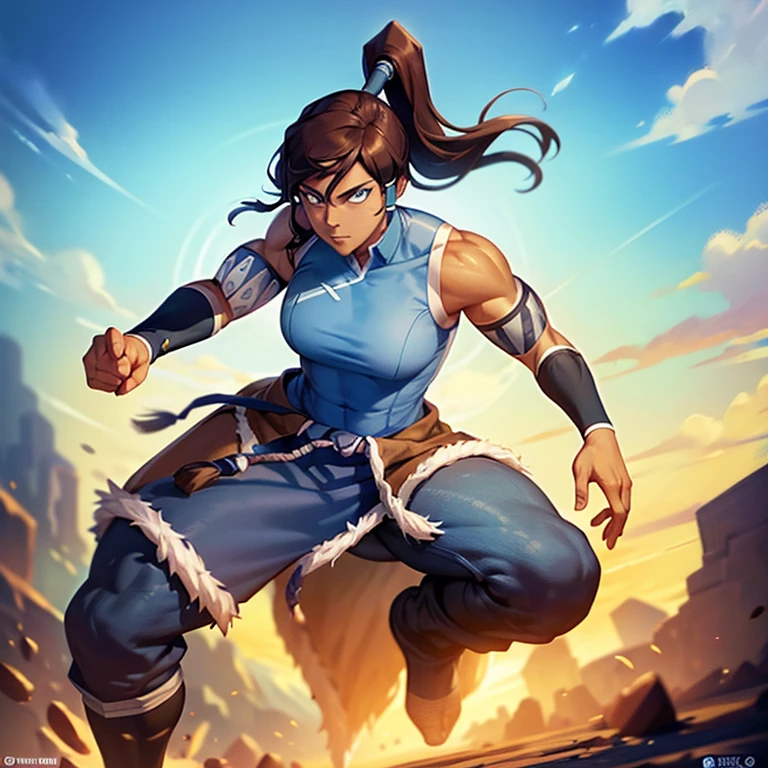 korra, dark skin, dark-skinned female, ponytail, muscular female, high quality, detailed, high resolution, masterpiece, anatomically correct,