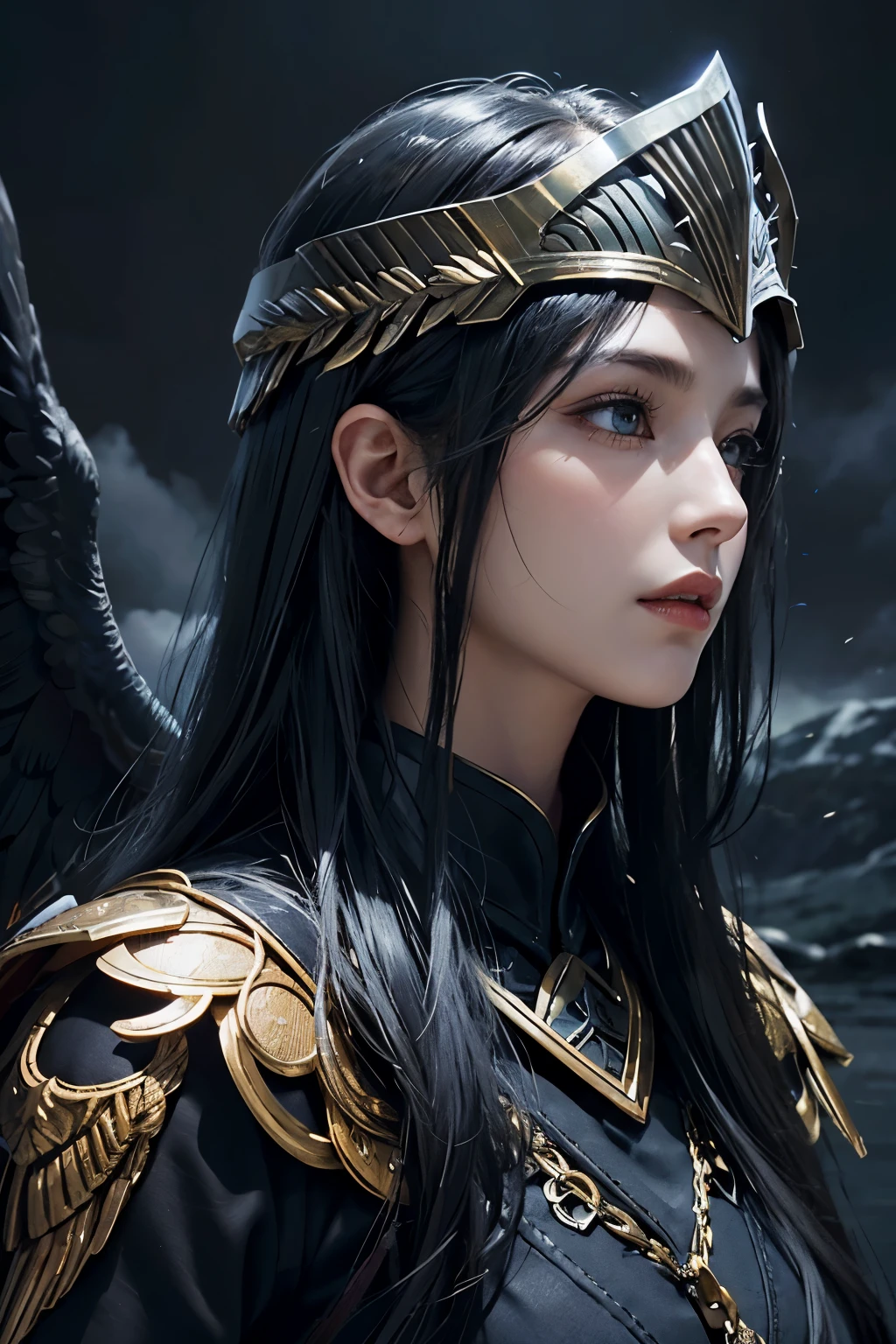 chariot_of_fire_falling_angels_black_wings_dramatic_lights_realistic_valkyrie_profile_helmet_Lagertha face_extremely_detailed_Diffused light _ cloud dark background_ hair_straight hair_black hair like Black metal heairs from noruega- Valkyrie_profile_helmet_art diffused on healmet.