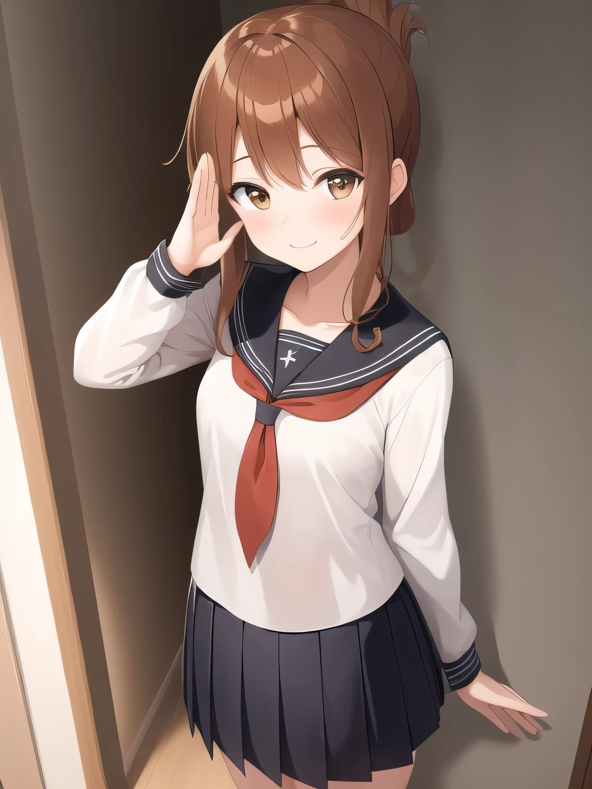 Highest quality, masterpiece, High resolution, alone, {inazuma_Fleet Collection}, brown_hair, Folded_ponytail, brown_eye, length_hair, Open_mouth, smile, School_uniform,skirt,Pleats_skirt,((Flat Chest, Small breasts, flat chest)), 