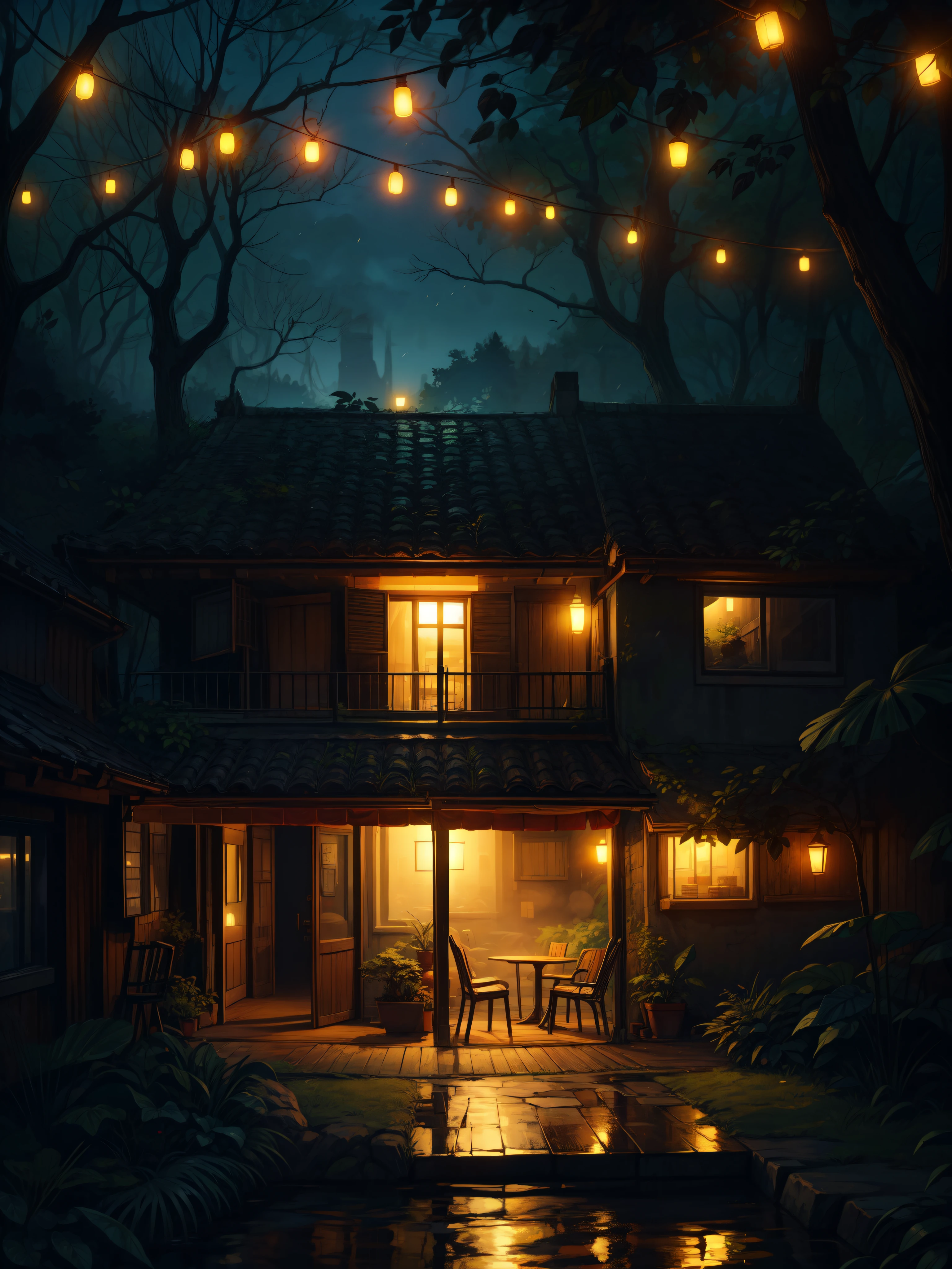 aerial view, beautiful heritage cafe, lake, reflection, huge string lights, outdoor dining area, leaves fallen newr dining area, aesthetics, foggy, in the woods, night time, wooden furniture, scenery, greenish warm tones, switchgrass, tones, beautiful ambience, glow on foliage, elephant ear plants, monstera deliciosa plants, bright volumetric light, peaceful scene, light shining on part of foliage, micro landscape, intrinsic details