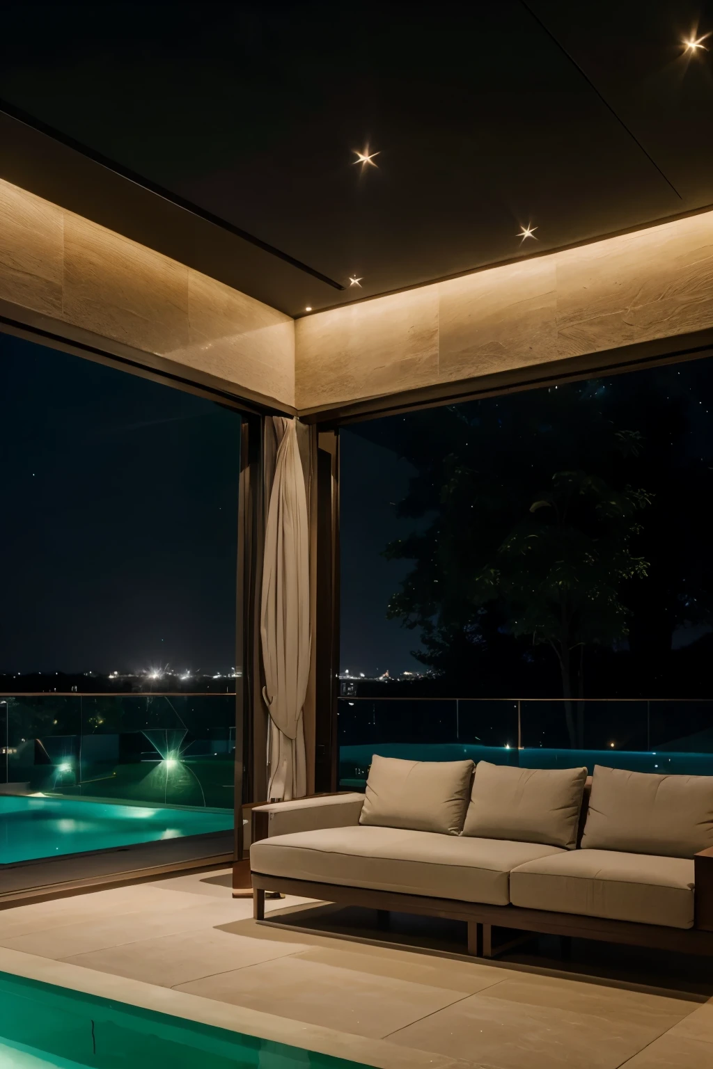 luxury house, minimalist modern style, Soft Green light, night sky, sparkling stars, fasad